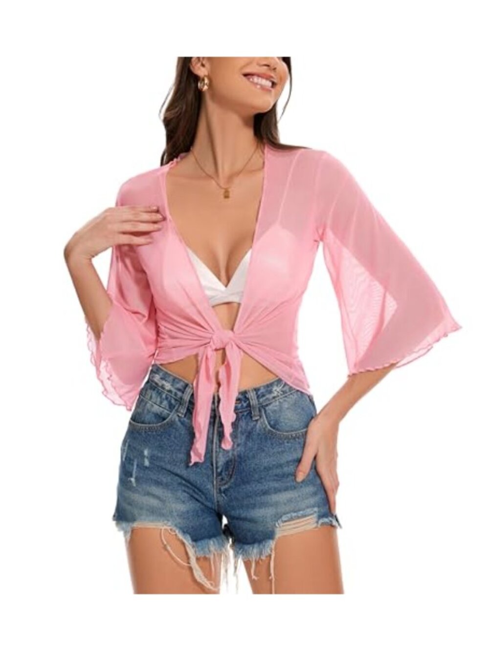 Sheer Bolero Shrug 3/4 Sleeve Open Front Tie Top Cardigan for Women